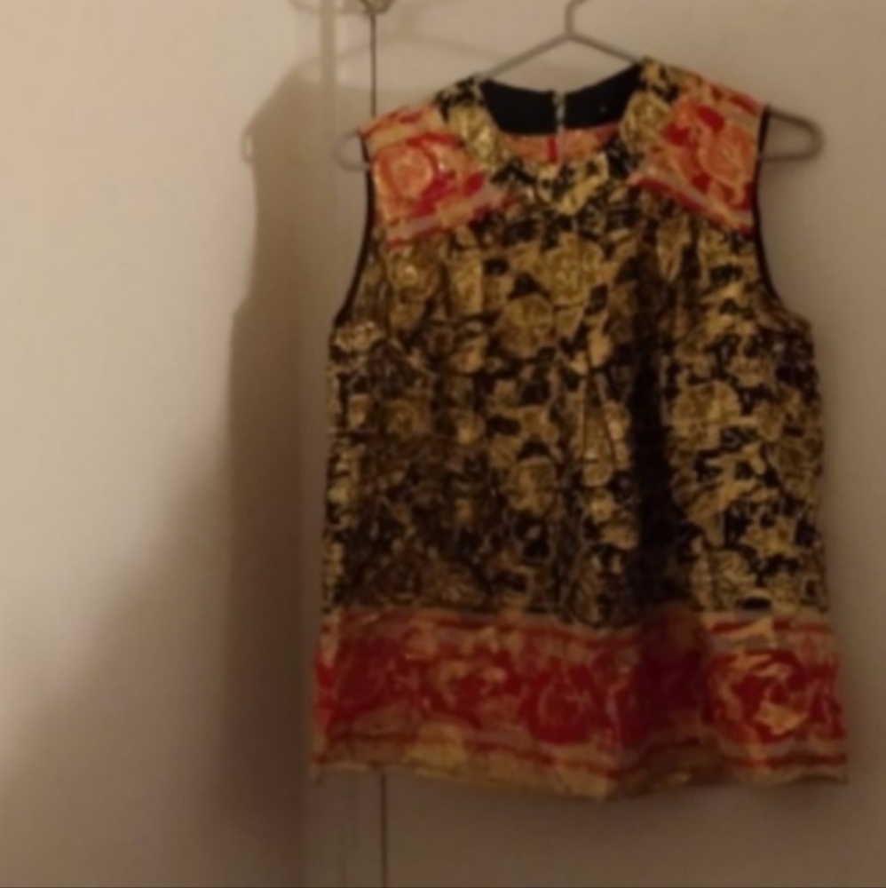 Anna Sui Metallic Red Black Print Sleeveless Top Sz 6